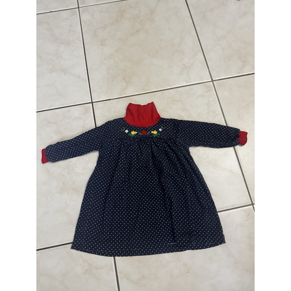 Vintage Melissa Jackson Girls 4T Navy Polka Dot Embroidered Bird Dress USA